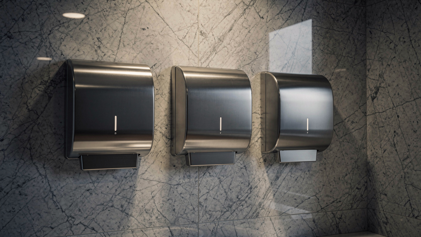 stainless steel hand dryers in public washroom