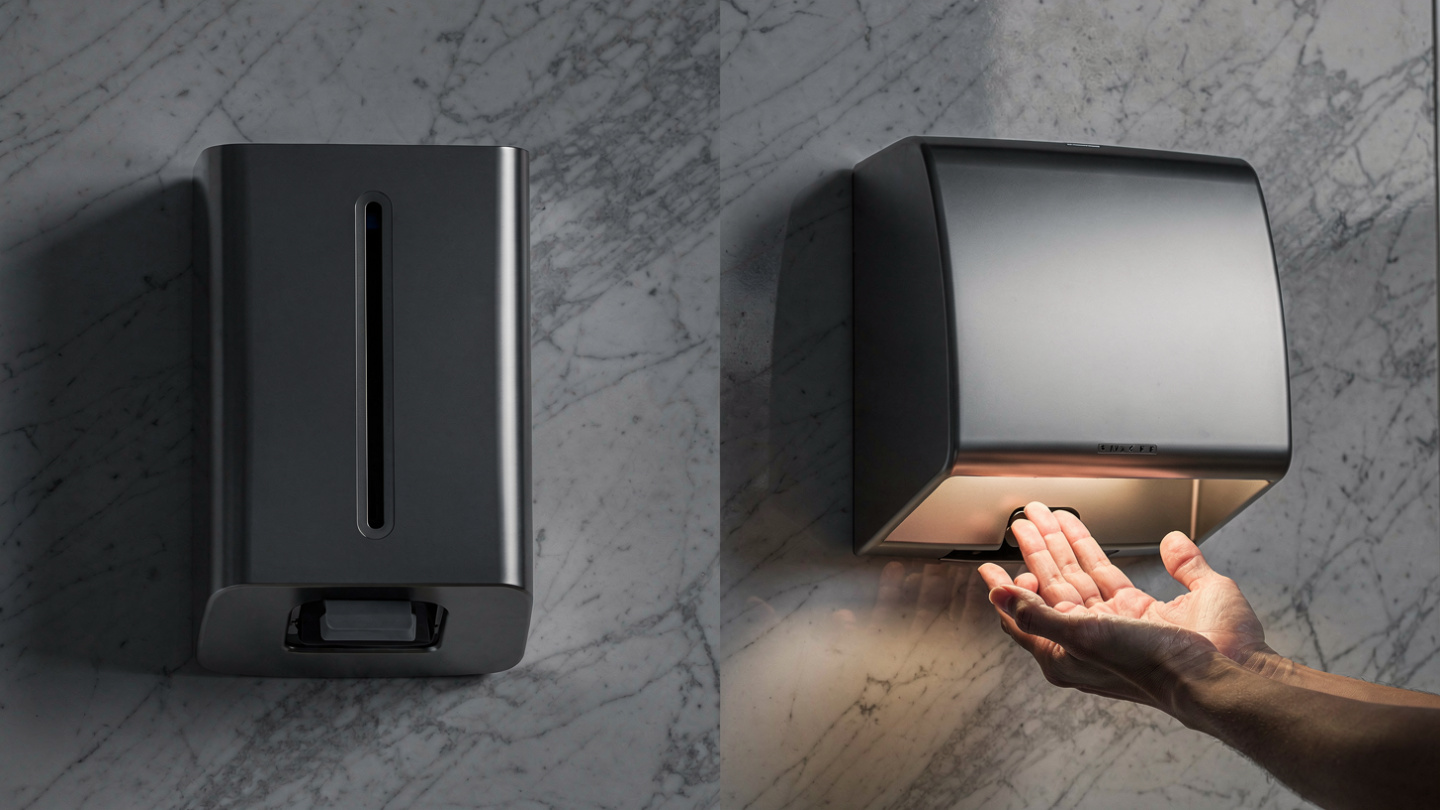 blade and hands-under hand dryers in commercial washroom