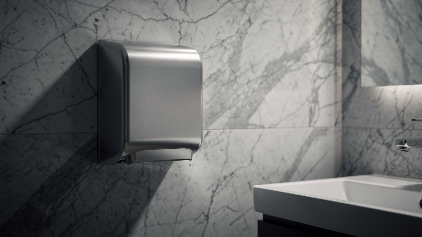 commercial washroom hand dryer beside basins