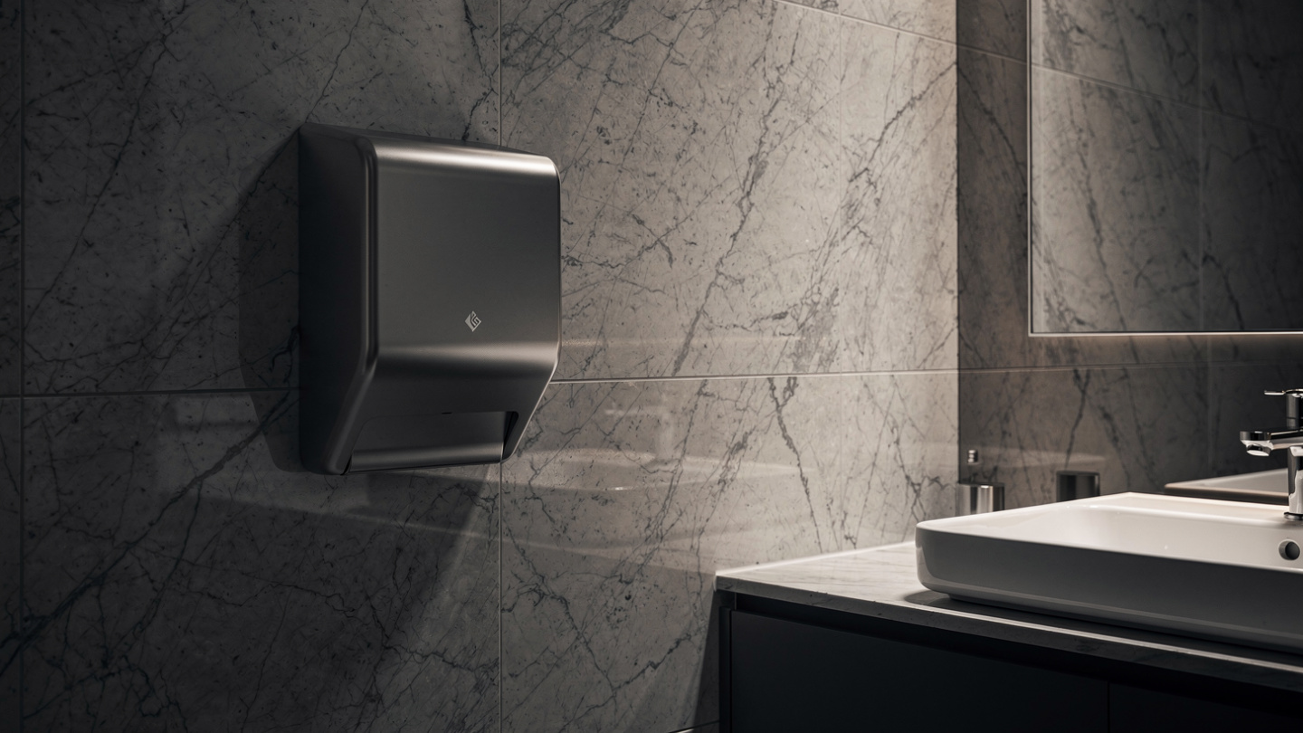 touch-free hand dryer in modern commercial bathroom