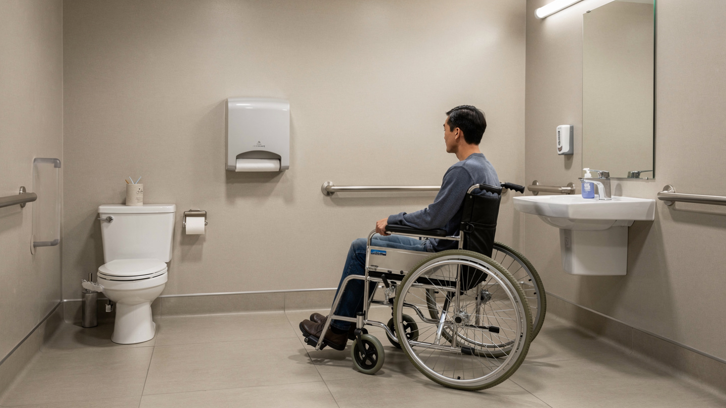 accessible commercial washroom with hand dryer