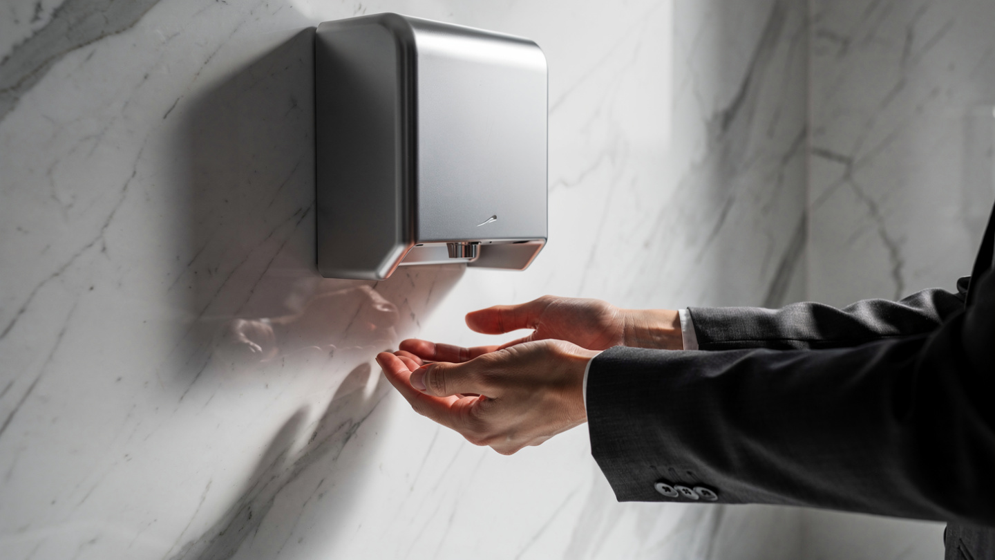 touch free hand dryer in office bathroom